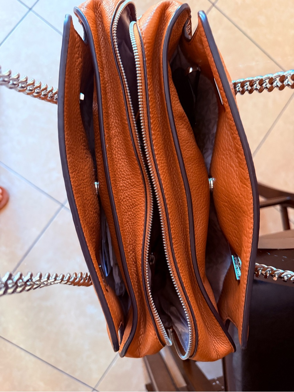 Michael Kors Astor Large Pebbled Leather Satchel Orange/Tan Studded Shoulder